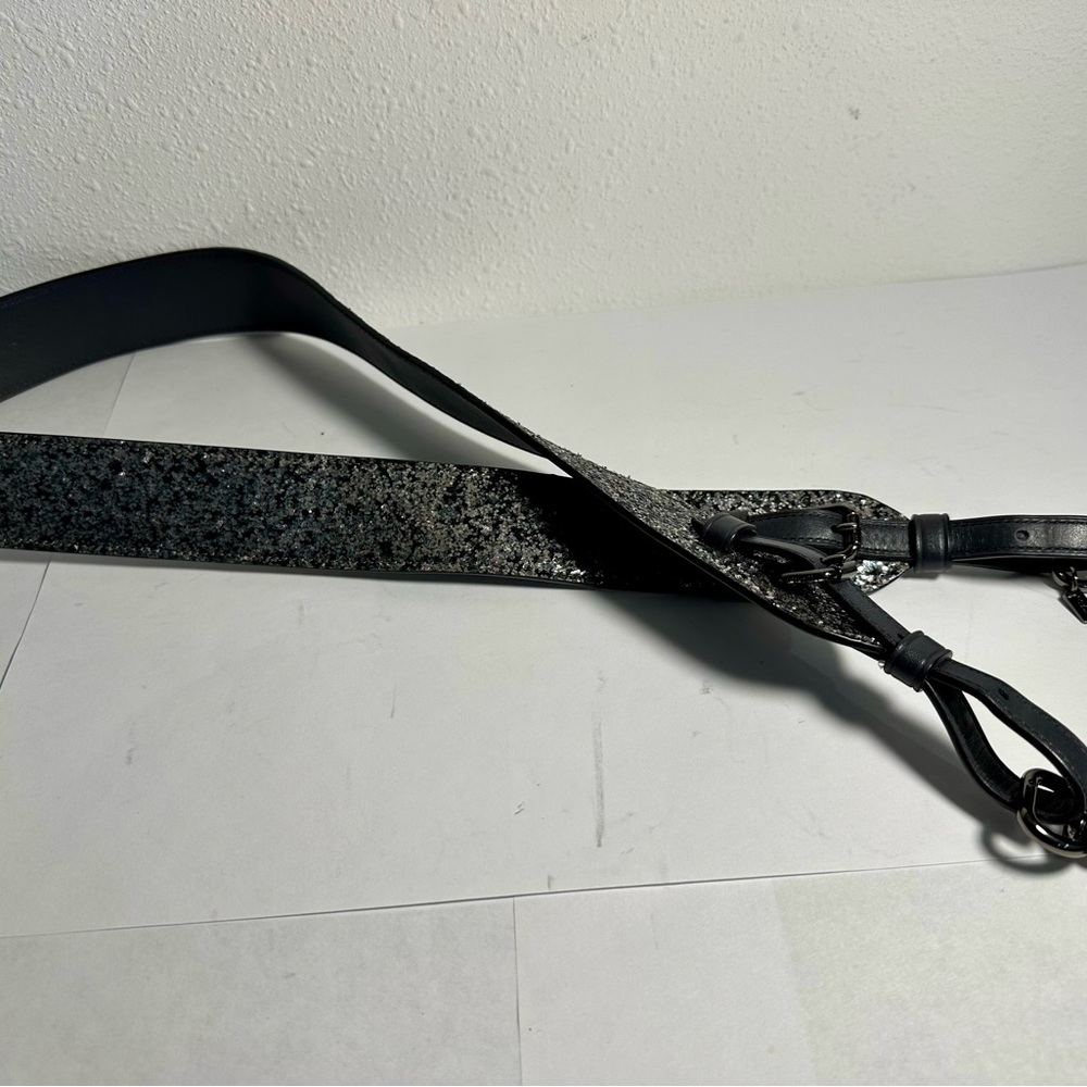 COACH: Dark Blue Leather Novelty Shoulder Strap with Silver Glitter